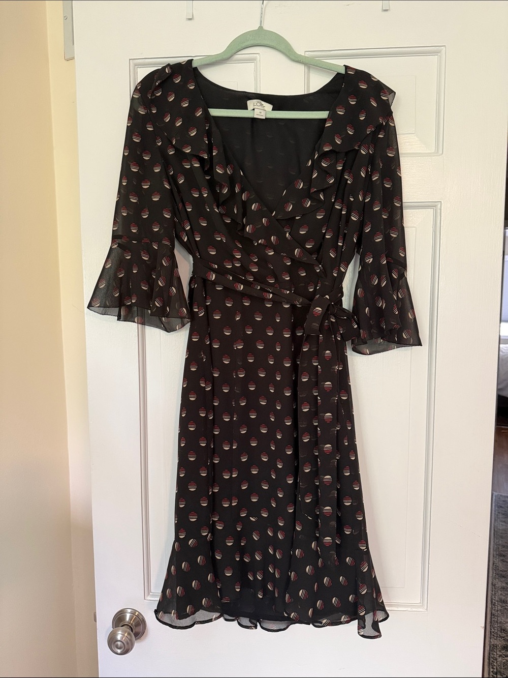 LOFT Black Midi Wrap Dress with Red and Off White  Dot Floral Motif
